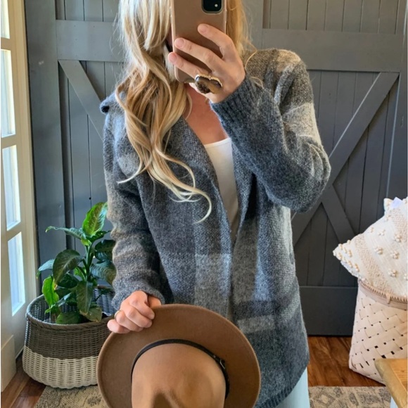 New Hooded Cardigan Grey Plaid Western Sweater Coat Shacket - Picture 7 of 11